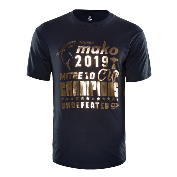 2019 Tasman Mako mens champion tee Navy tee with Gold text