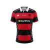 A short-sleeve rugby jersey with horizontal red and black stripes, featuring a white collar, the team crest, and sponsor logos including RayWhite, Gallagher, and Dynasty Sports on a white background.