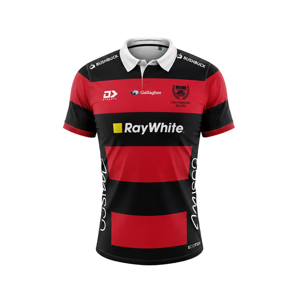 A short-sleeve rugby jersey with horizontal red and black stripes, featuring a white collar, the team crest, and sponsor logos including RayWhite, Gallagher, and Dynasty Sports on a white background.